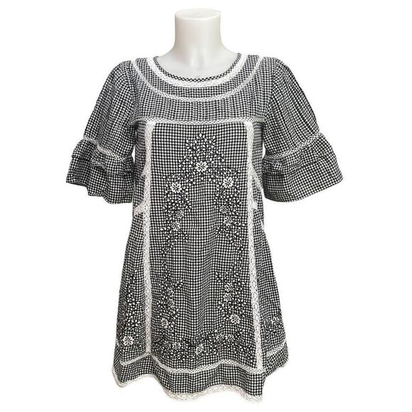 Free People Sunny Day Trapeze Shift Dress Gingham Black Floral Embroidered sz XS - Picture 1 of 9